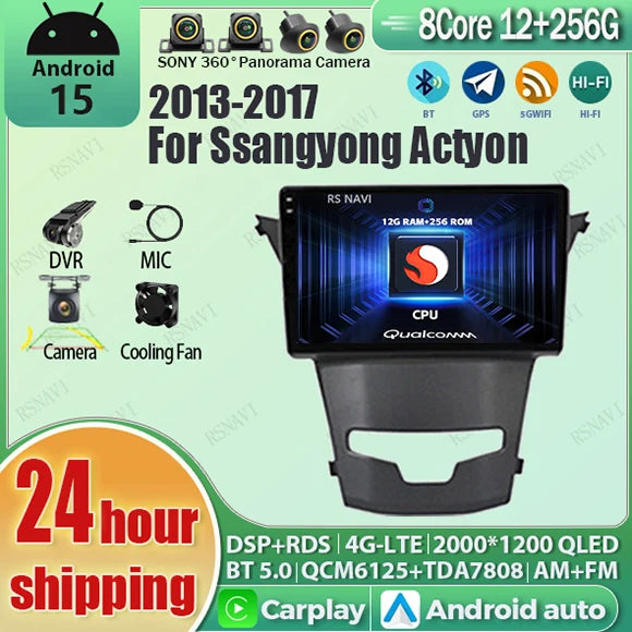 Android 15 For SsangYong Korando 3 Actyon 2 2013-2017 2K QLED Android Car Radio Multimedia Video Player GPS Stereo CarPlay 4G BT