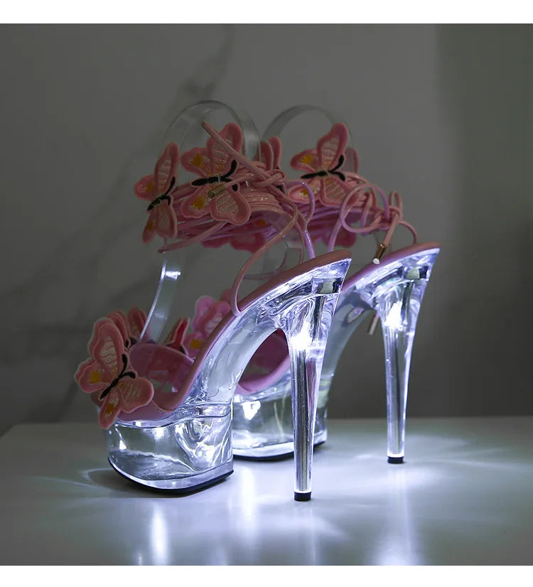 Transparent Platform LED Light Up Sandals Women Lace-up Pole Dance Shoes Summer Model Show Fashion Butterfly High Heels Size 43