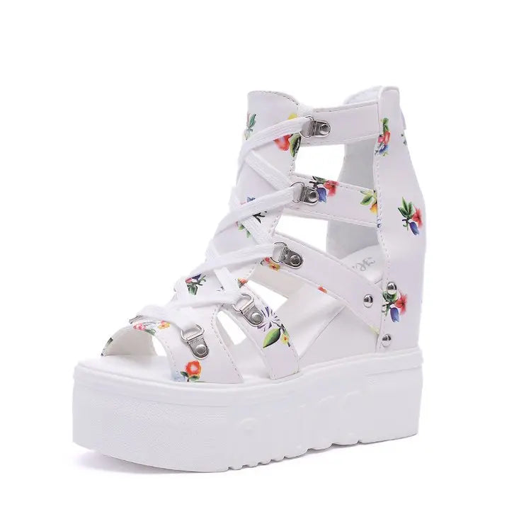 Ladies High-heel Women's Wedge Sandals Summer Thick-bottom Hollow Fish Mouth Roman Style Gladiator Casual Zipper Platform Shoe