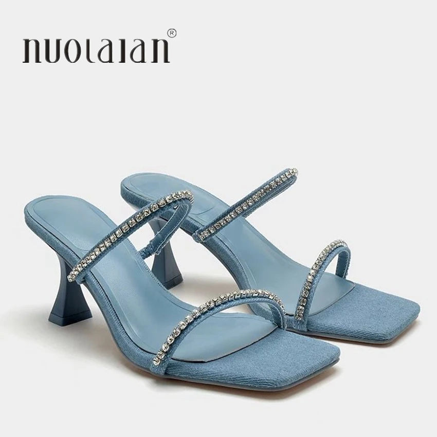 Denim Rhinestone Heels Sandals Women Mules 2024 Fashion High heels Women Shoes Sexy Open Toe Pumps Modern Office Casual Sandals
