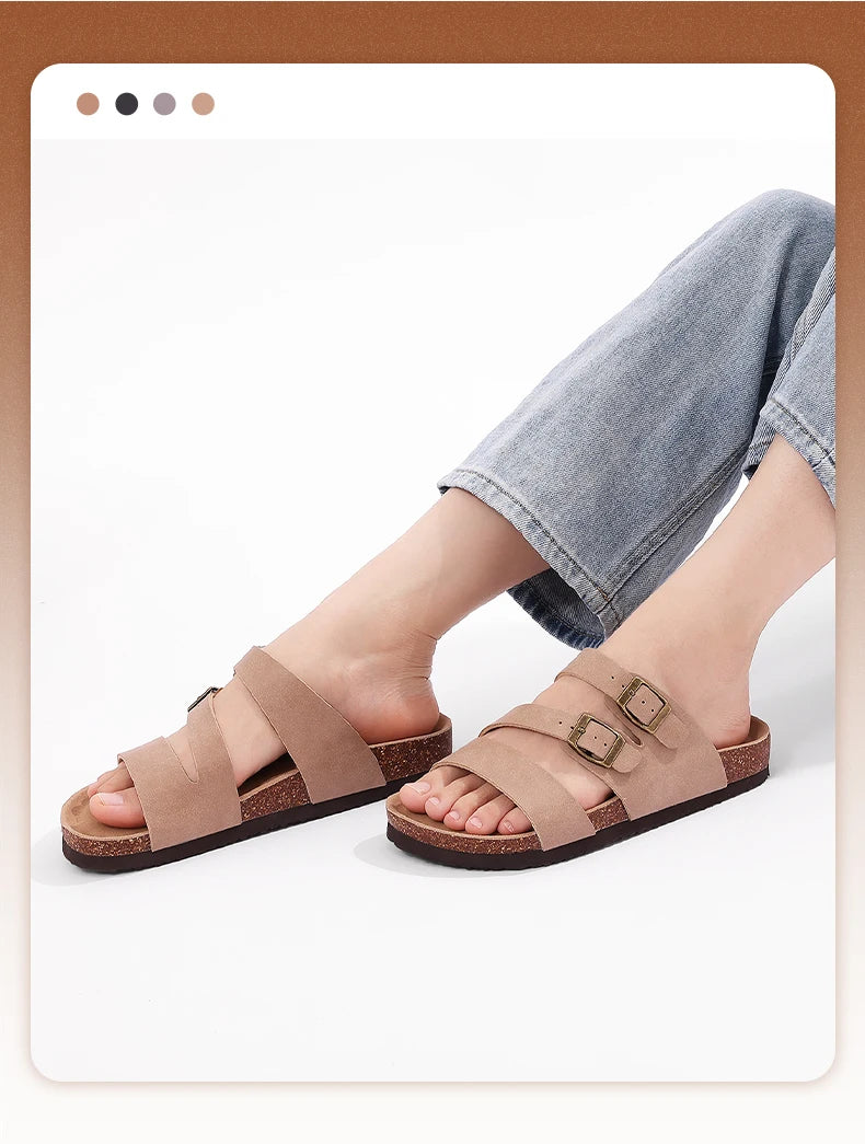Comwarm Women New Clogs Slippers Summer Fashion Open Toe Beach Shoes With Double Buckle New Cork Footbed Mule Sandals Home Slide