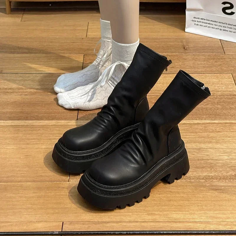 Platform Heel Women Short Booties Fashion Back Zippers Ankle Booties Retro Style Autumn Winter Female Shoes