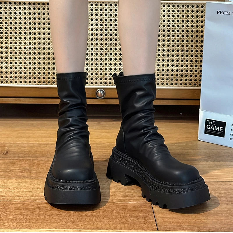 Platform Heel Women Short Booties Fashion Back Zippers Ankle Booties Retro Style Autumn Winter Female Shoes