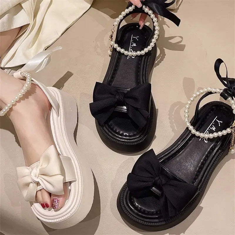 Comfort Shoes for Women Pearl Sandals Suit Female Beige Increasing Height Block Heels All-Match Black Bow 2024 Fashion Chunky Gi