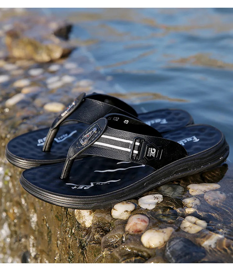 Big Size Leather Slippers for Men 2025 Summer New Designer Flip Flops Male Fashion Casual Outwear Beach Slipper Shoes Man