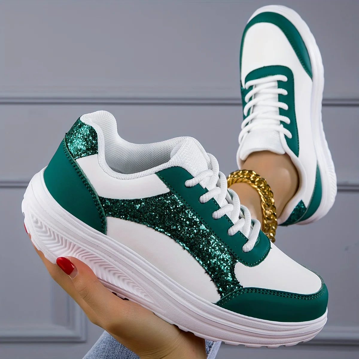 Women's Pure Color Sequins Sneaker, Lace-up Platform Sequined Decorative Walking Rock Shoes, High Top Sneakers Sneaker