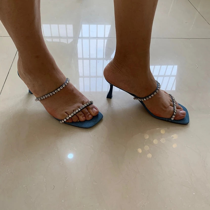 Denim Rhinestone Heels Sandals Women Mules 2024 Fashion High heels Women Shoes Sexy Open Toe Pumps Modern Office Casual Sandals