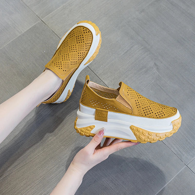 Fujin 7cm Genuine Leather Women Vulcanized Platform Wedge Chunky Sneaker Casual Stable Fashion Skate Boarding High Brand Shoes