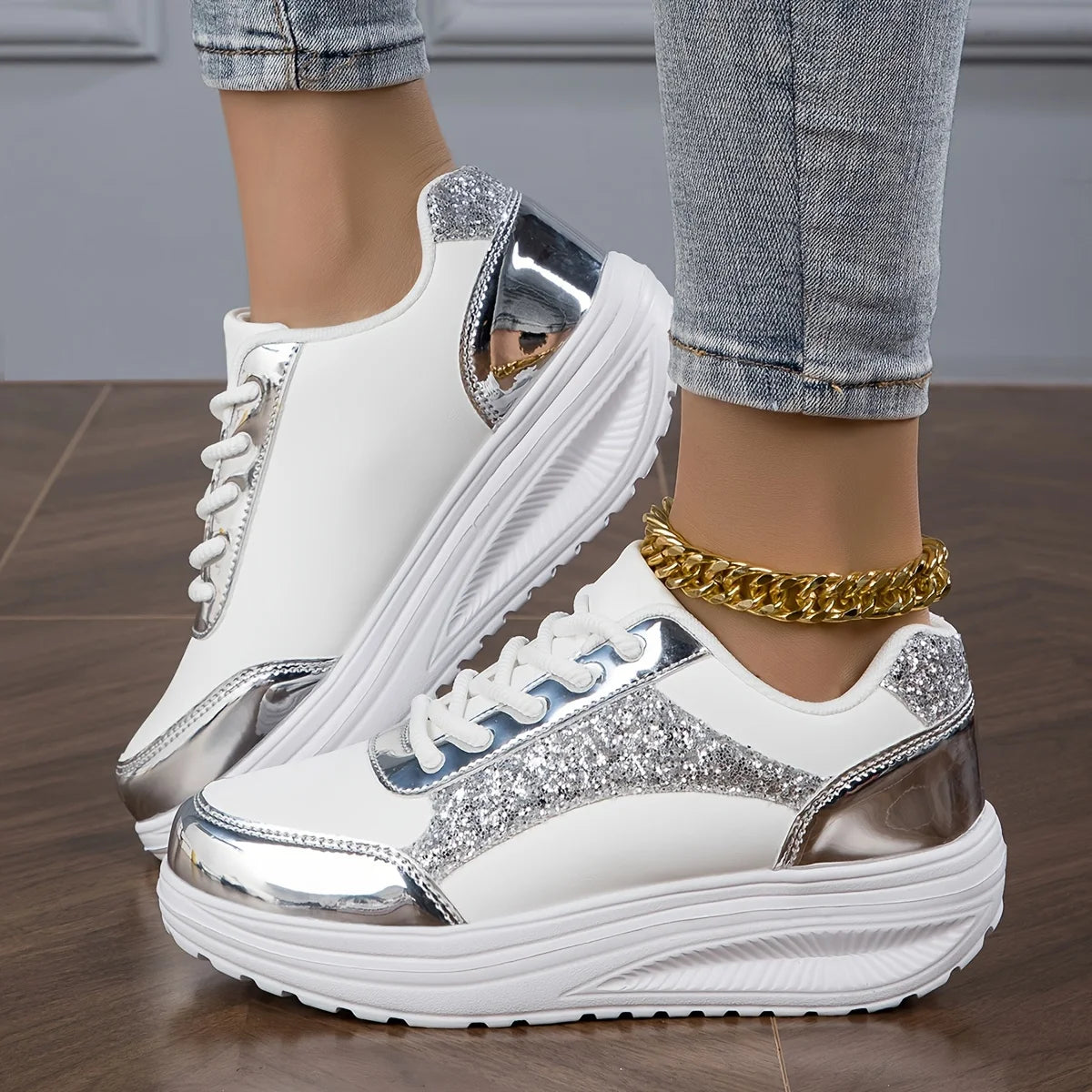 Women's Pure Color Sequins Sneaker, Lace-up Platform Sequined Decorative Walking Rock Shoes, High Top Sneakers Sneaker