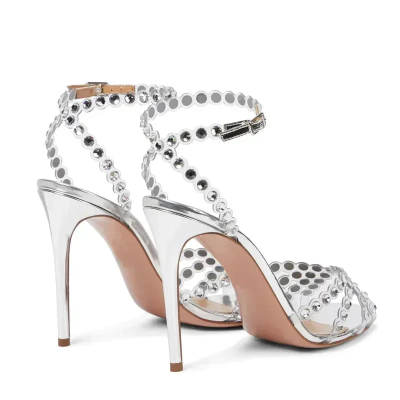 Pvc Transparent Rhinestone High Heels Ladies Sexy Ankle Strap Sandals Women Luxury Designer Wedding Party Dress Shoes Pumps