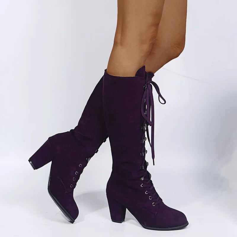 Winter Autumn Woman Knee High Boots Woman Long Boots Lace Up Fashion Sweet Woman Boots Daily Footwear 35-43 Purple Square Heel
