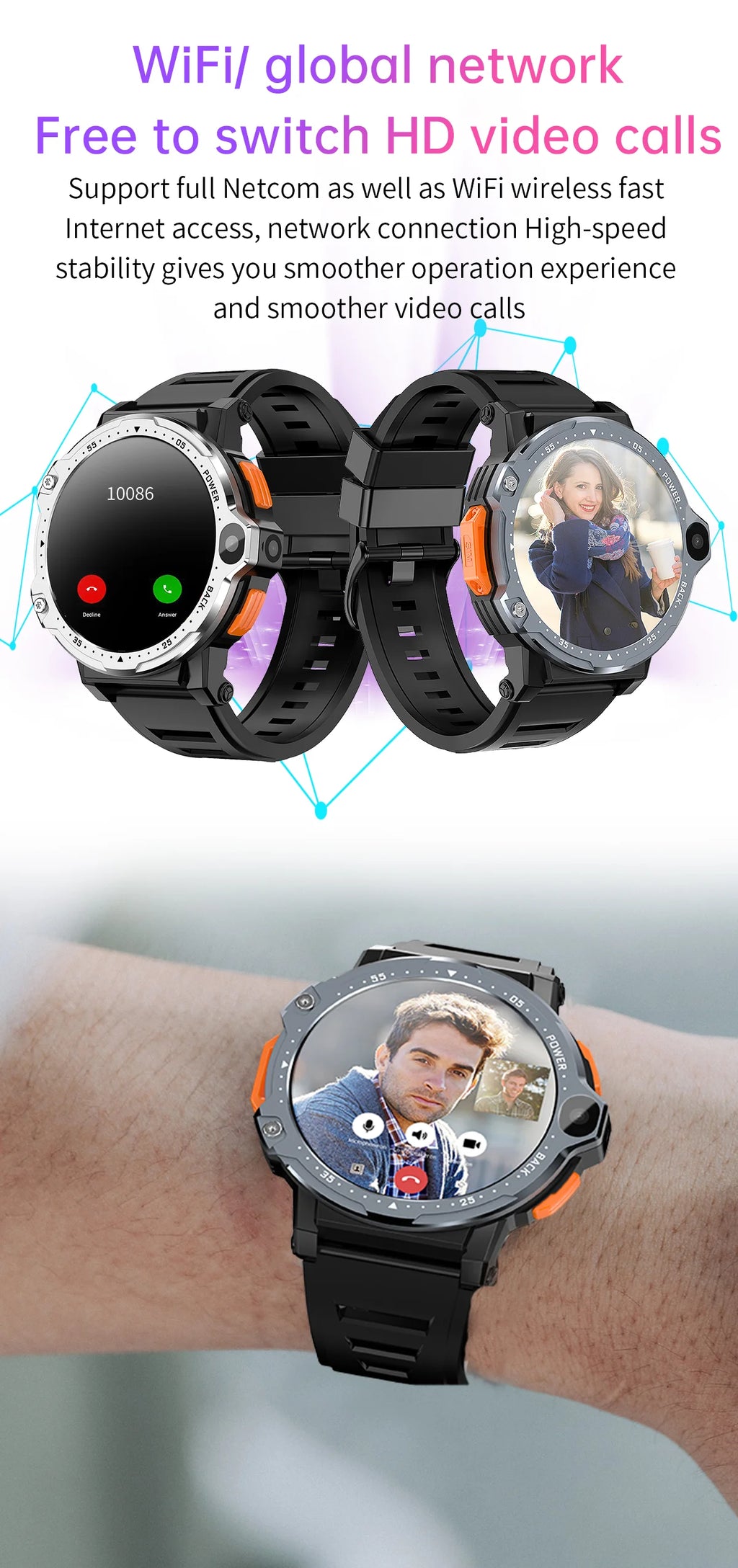Android with Wifi GPS Support Sim Card Camera Mobile Phone Smart Watches IP67 Alloy Silica Gel Male Round 2023 Newest Pg999 4g