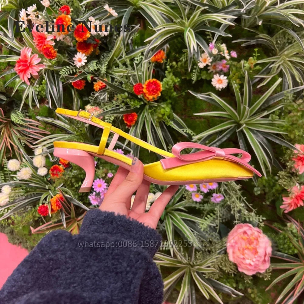 Bow Heart-Shaped Satin Sandals Pointed Toe Thin Heels Back Strap Side Air Slingback Women Pumps Buckle Strap Mixed Colors Shoes