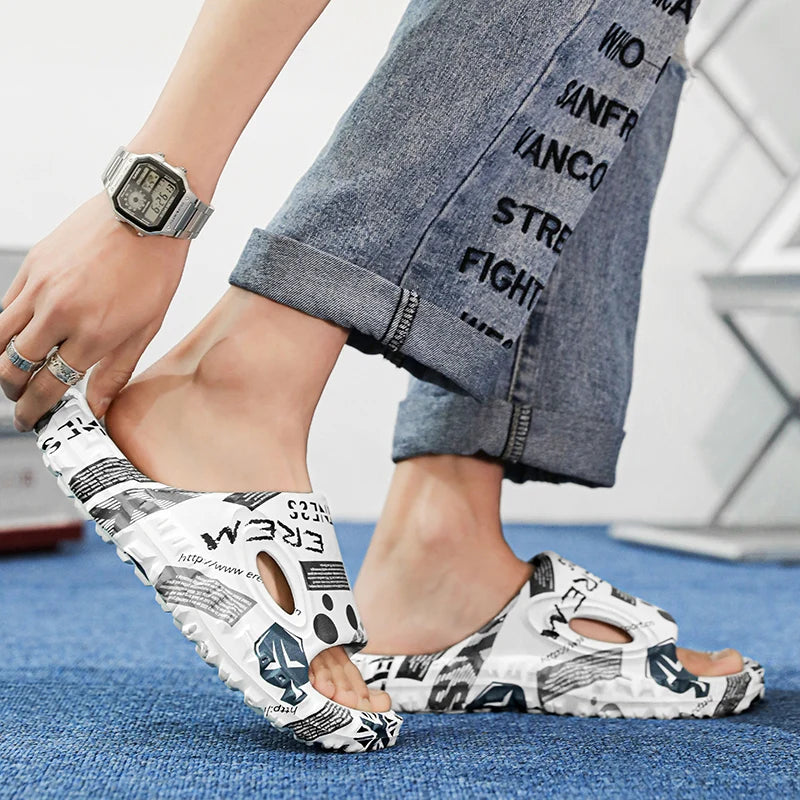 New Stylish Men Slides Shoes Indoor Comfortable Summer Male Casual Slippers Print Soft Non-slip Massage EVA Slippers Outdoor 886