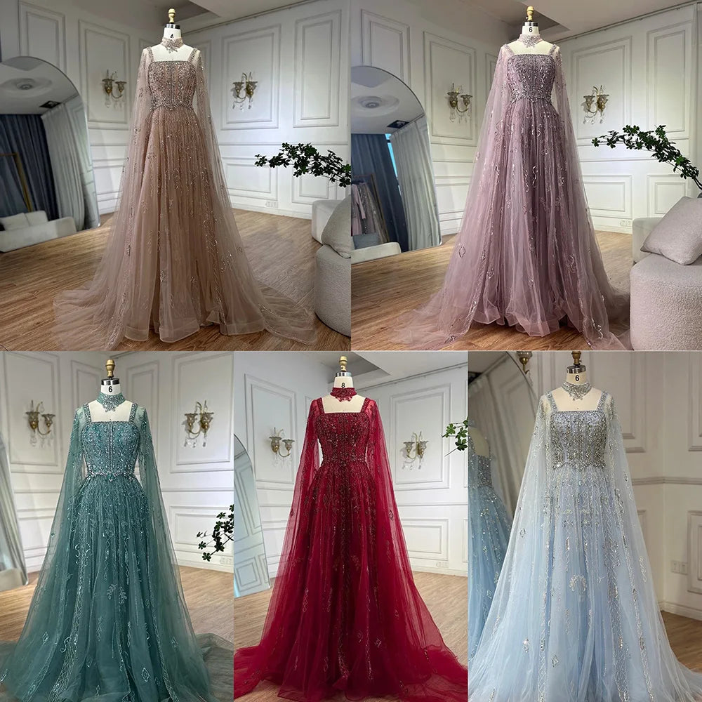 Serene Hill 2025 Arabic Nude A Line Cape Sleeve Crystal Beaded Luxury Evening Dresses Gowns Formal Occasion Customize BLA72764