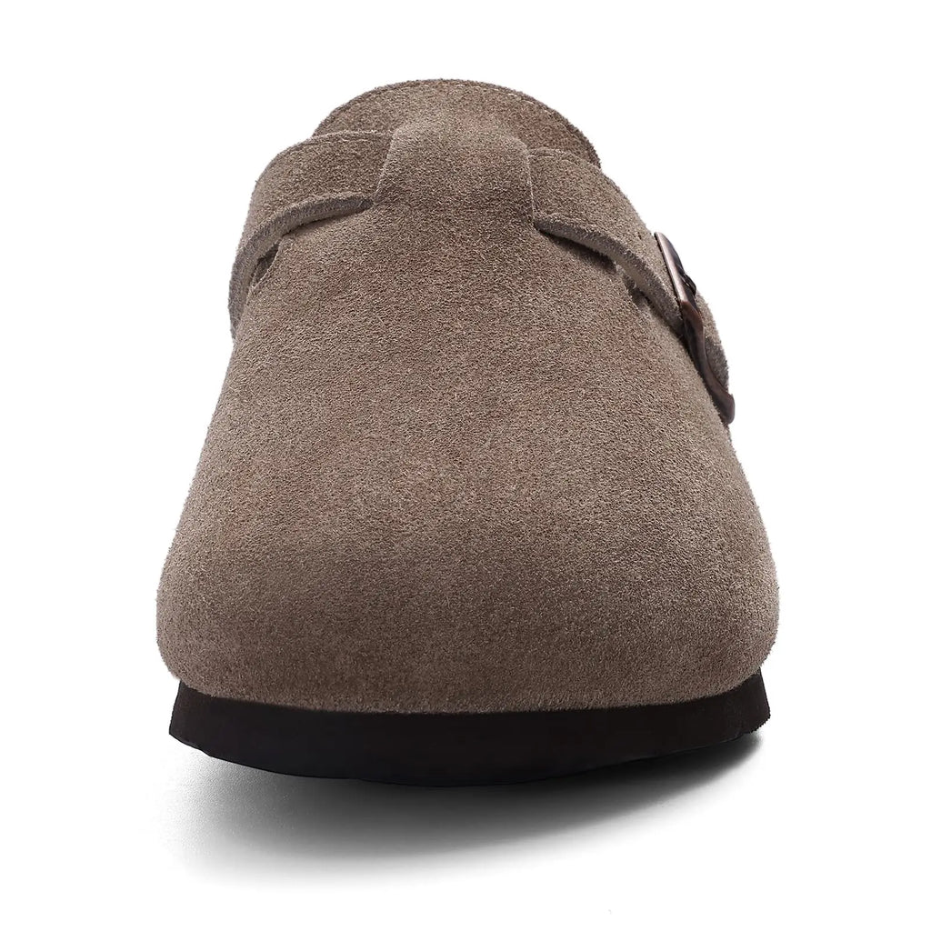 Gacimy Women's Suede Clogs with Arch Support Retro Leather Flat Mules Lady Cork Footbed Sandals Unisex Classic Clogs Slippers