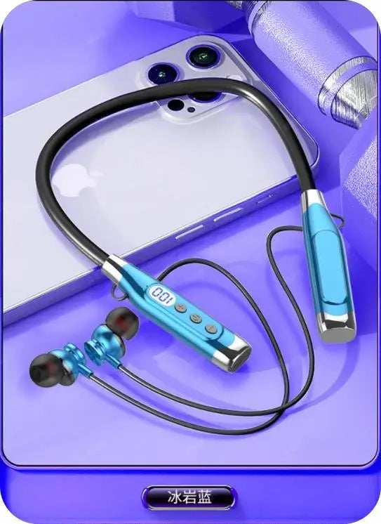 سماعة رأس بلوتوث لاسلكية مع شاشة رقمية LED وسماعة رأس معلقة على الرقبة يمكن إدخال بطاقة سماعات أذن بلوتوث رياضية للجري