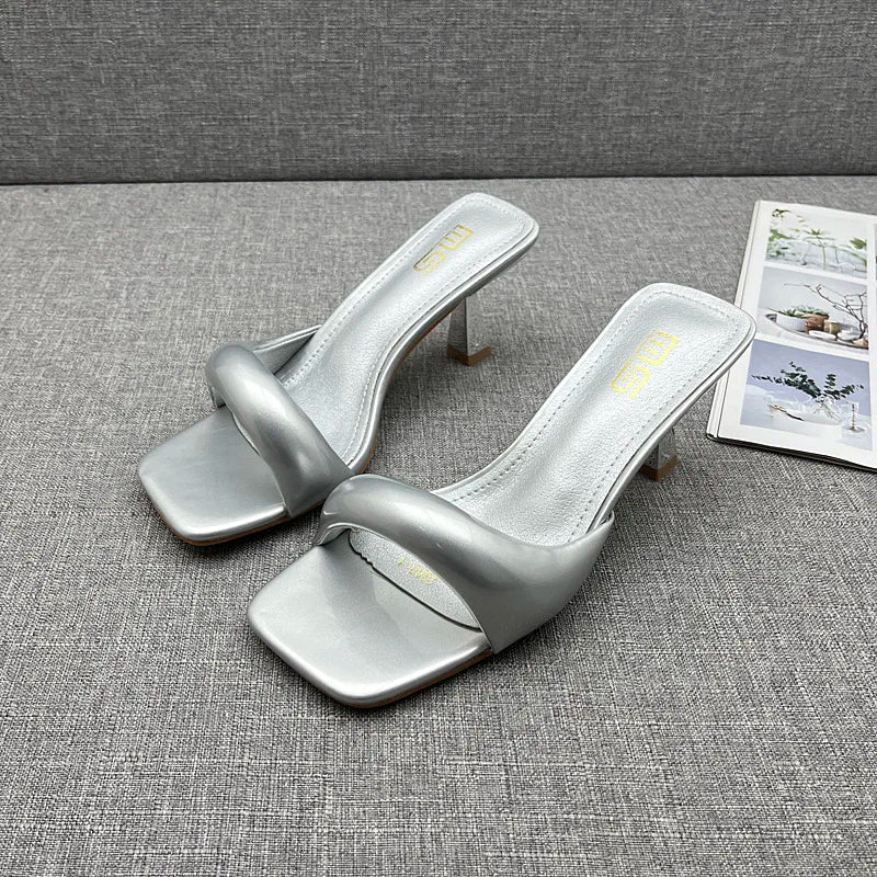 Modern Slippers 2024 Summer New Patent Leather Asymmetric High Heel Slippers Stiletto Stylish Outside Women's Sandals