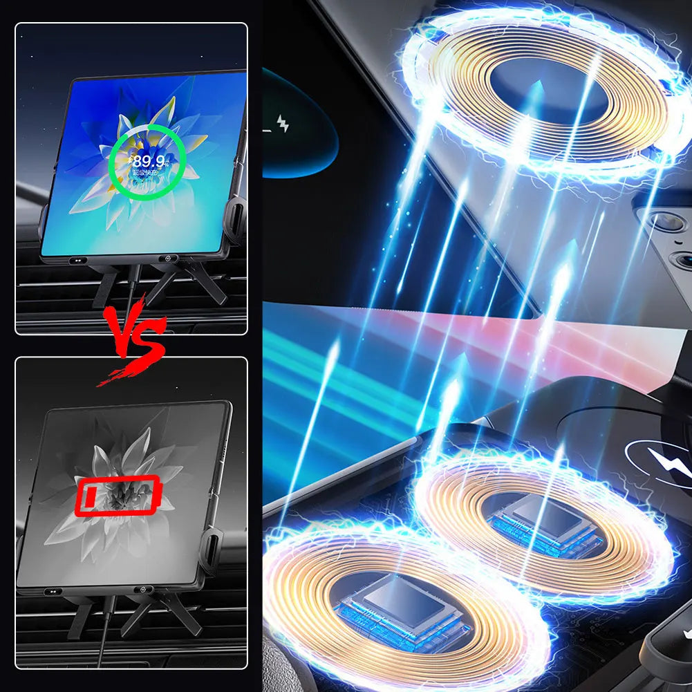15W Car Wireless Charger Dual Coil Fold Screen Phone Holder Touch Rotation Phone Mount for Smartphone/Pad/Foldable Phone/Tablet