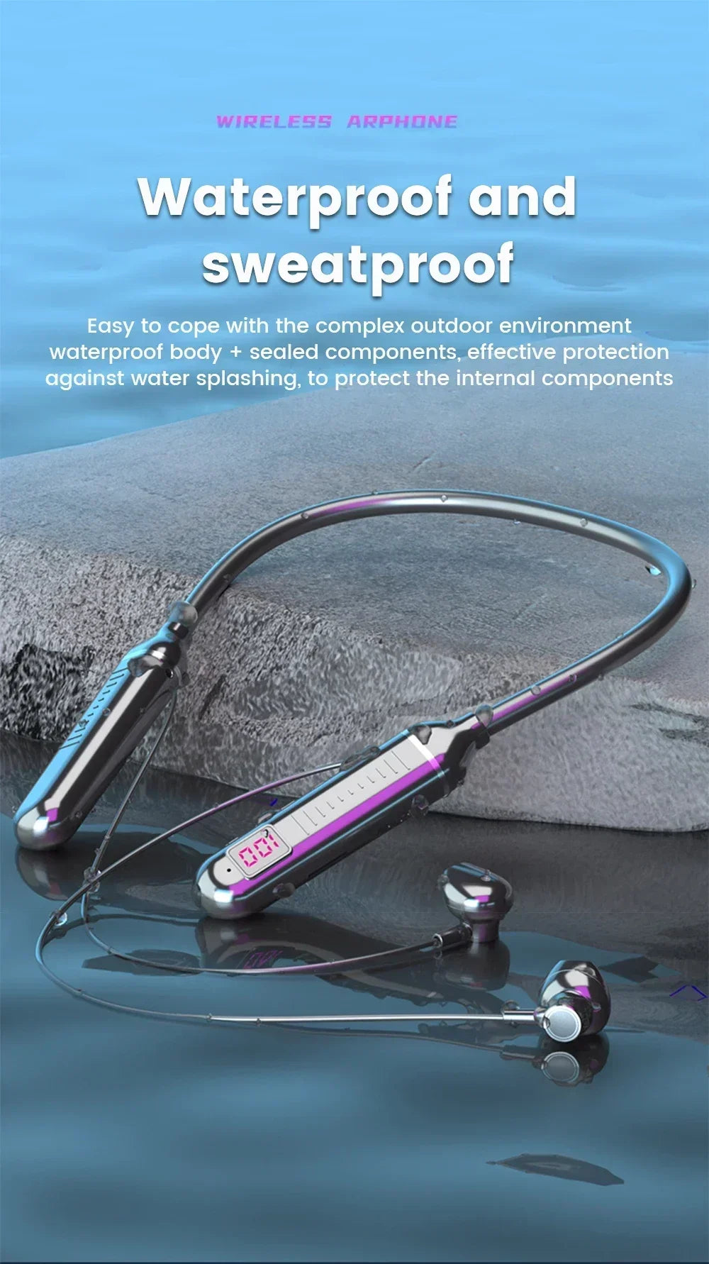 سماعات أذن بلوتوث 5.2، سماعات حول الرقبة، سماعات رأس لاسلكية TWS، ستيريو هاي فاي، شاشة رقمية LED، وضع مزدوج، سماعات أذن مقاومة للماء