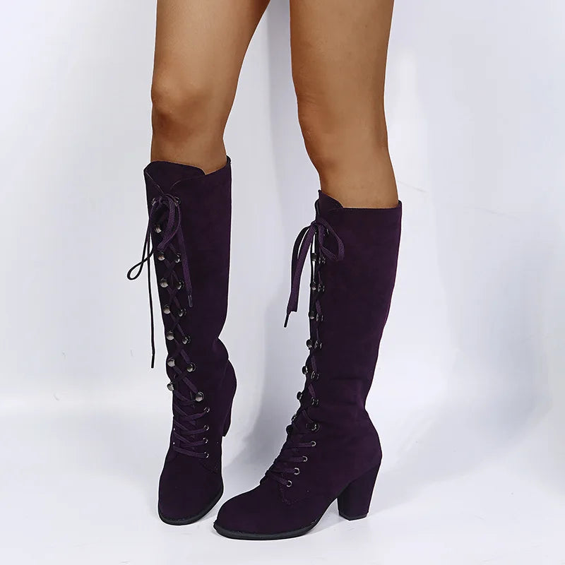 Winter Autumn Woman Knee High Boots Woman Long Boots Lace Up Fashion Sweet Woman Boots Daily Footwear 35-43 Purple Square Heel