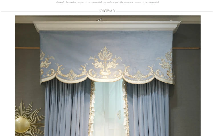 Modern European Luxury Curtains for Living Room Bedroom Blue Velvet Spliced Tassel Curtain Flat Valance Embroidered Tulle Custom