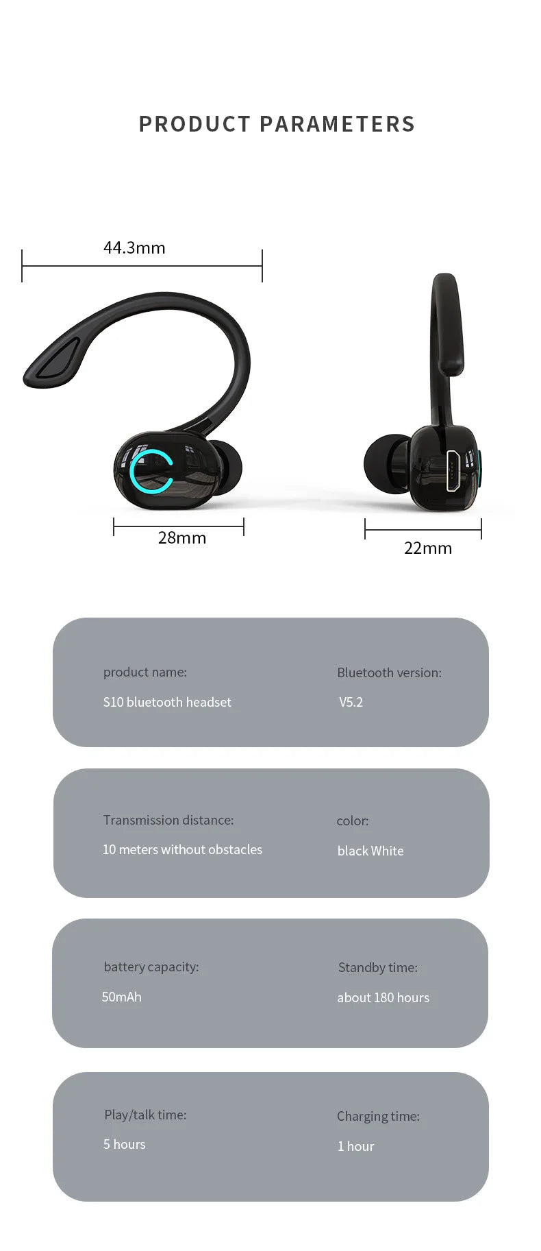 Bluetooth 5.2 Business Wireless Headphone Ear-Hook Mini HIFI Bass Noise Cancelling Earphone With Mic Sport Game Headset