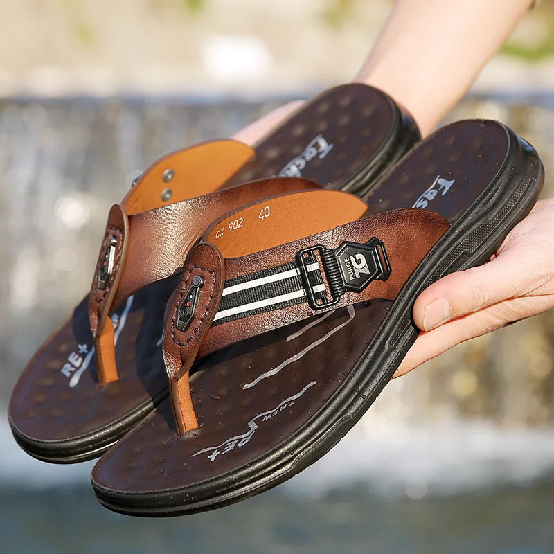 Big Size Leather Slippers for Men 2025 Summer New Designer Flip Flops Male Fashion Casual Outwear Beach Slipper Shoes Man