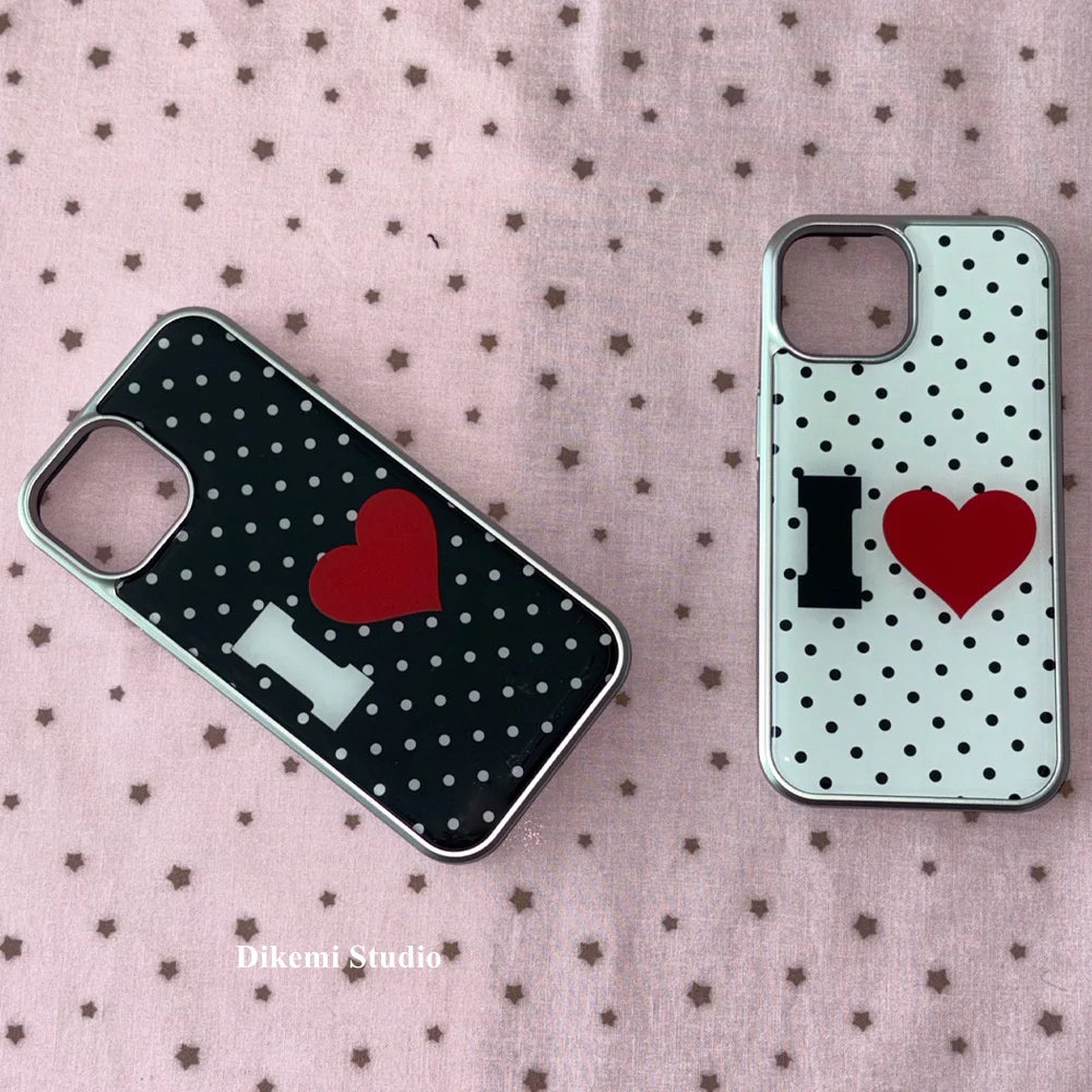 جراب هاتف كوري أسود أبيض منقط باللون الأحمر لطيف من Love Kawaii لهاتف iPhone 16 E 15 14 13 12 11 Pro Max XR XS 7 8 Plus Y2K