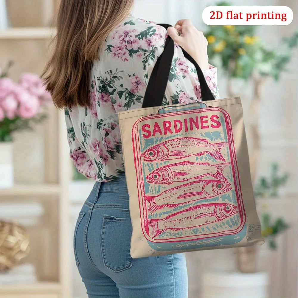 1pc Vintage Sardines Illustration Tote Bag - Retro Design, Durable Polyester Unisex Shoulder Bag for Men & Women