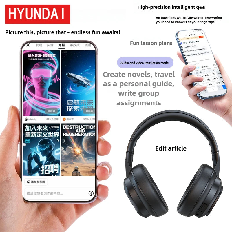 New HYUNDAI X1PRO Wireless Bluetooth 6.0 Headphone,AI Translation Earphones,100+Languages,With Magnetic Touch Control LED Screen