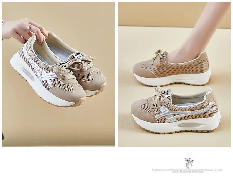 2024 Autumn New Mesh Casual Women's Flat Shoes Fashion Round Head Wedge Light and Smooth Women's Vulcanized Shoes
