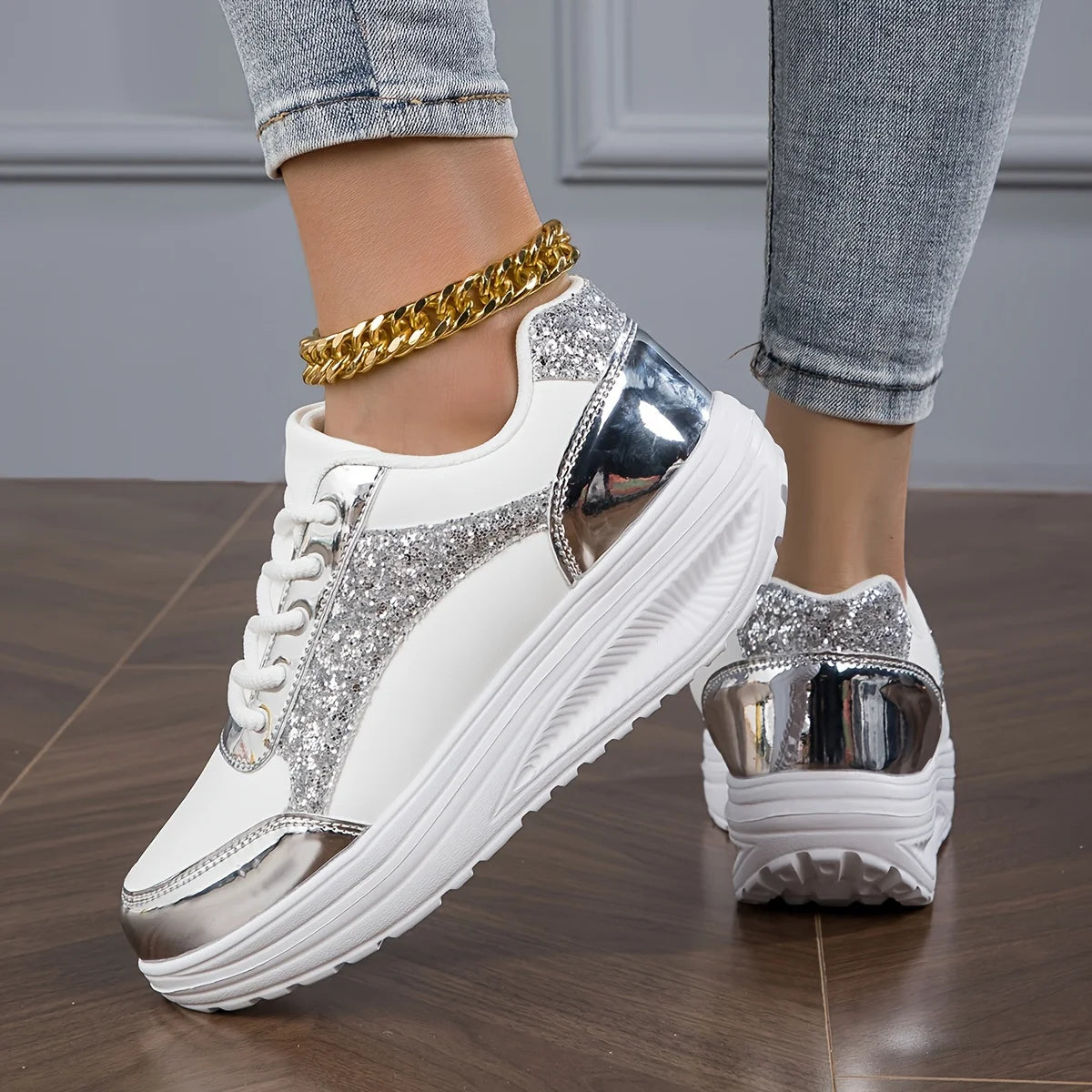 Women's Pure Color Sequins Sneaker, Lace-up Platform Sequined Decorative Walking Rock Shoes, High Top Sneakers Sneaker