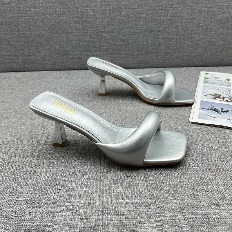 Modern Slippers 2024 Summer New Patent Leather Asymmetric High Heel Slippers Stiletto Stylish Outside Women's Sandals