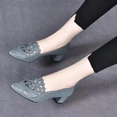 Flowers Hollow Sandals Women Retro Pointed Toe Chunky High Heels Breathable Fashion Ladies Shoes Zapatillas Mujer 2023