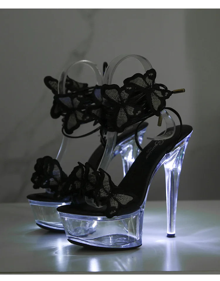 Transparent Platform LED Light Up Sandals Women Lace-up Pole Dance Shoes Summer Model Show Fashion Butterfly High Heels Size 43