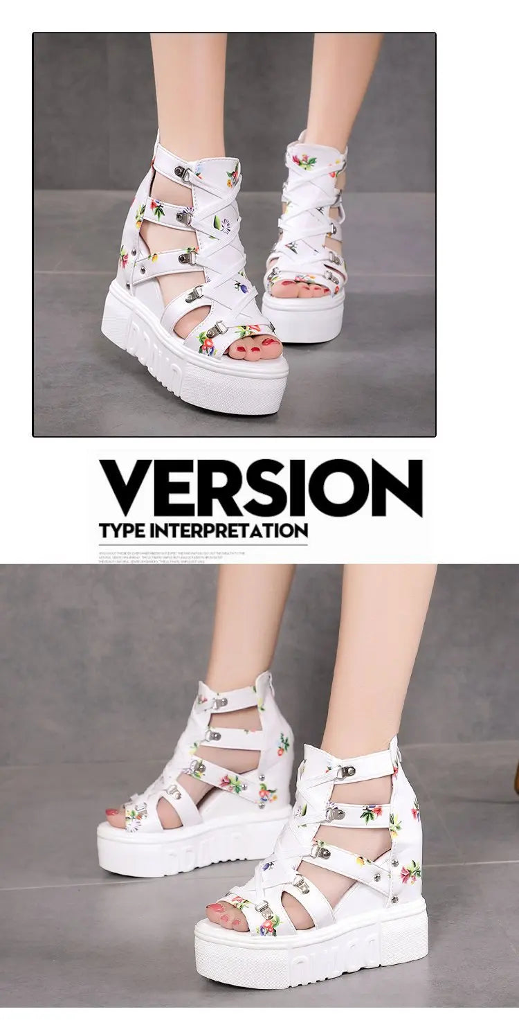 Ladies High-heel Women's Wedge Sandals Summer Thick-bottom Hollow Fish Mouth Roman Style Gladiator Casual Zipper Platform Shoe