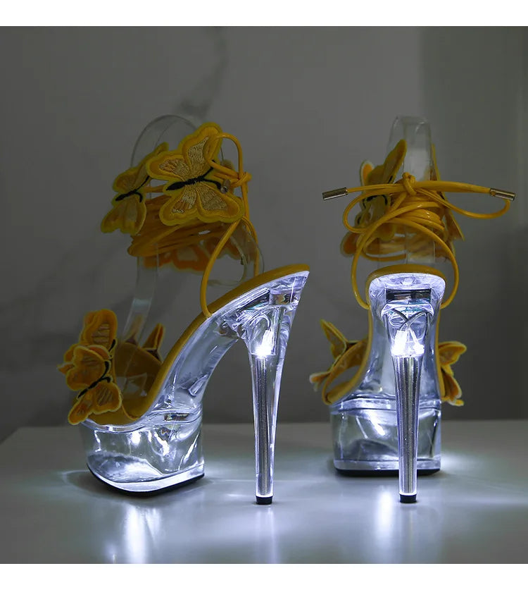 Transparent Platform LED Light Up Sandals Women Lace-up Pole Dance Shoes Summer Model Show Fashion Butterfly High Heels Size 43