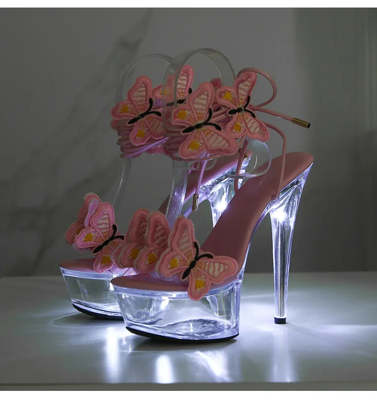 Transparent Platform LED Light Up Sandals Women Lace-up Pole Dance Shoes Summer Model Show Fashion Butterfly High Heels Size 43