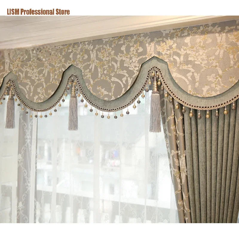 Custom Curtains for Living Room Simplicity Lace Splicing Green Chenille Blackout Embroidery Valance Tulle High Quality Fabric