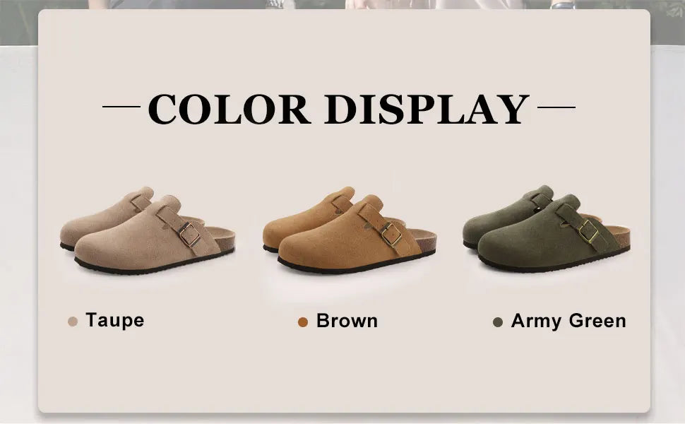 Gacimy Women's Suede Clogs with Arch Support Retro Leather Flat Mules Lady Cork Footbed Sandals Unisex Classic Clogs Slippers