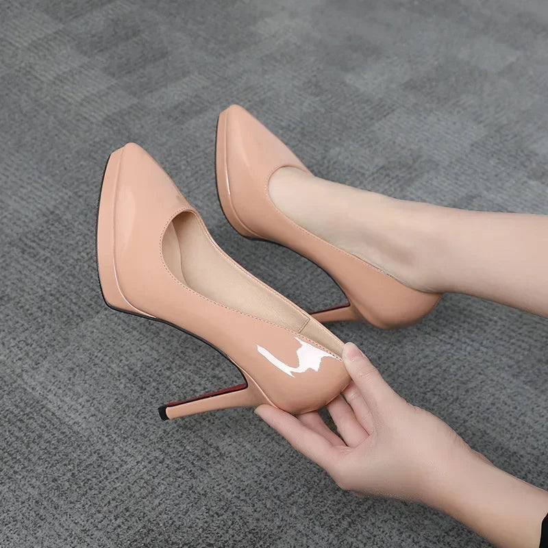 10cm/12cm Nude Sexy High Heel Stiletto Pointed Toe Patent Leather Single Shoes Woman Party Catwalk Platform Ladies Pumps 2024