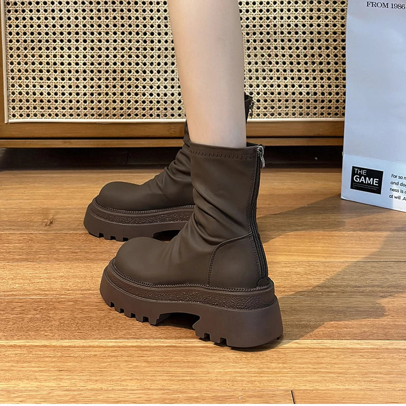 Platform Heel Women Short Booties Fashion Back Zippers Ankle Booties Retro Style Autumn Winter Female Shoes