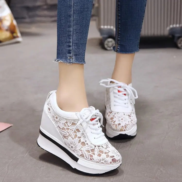 Womens Wedge Heel Block Heel Sandals Mesh Surface Women Shoes Breathable Casual Shoes Lace Up Tenis Thick Sole Sneakers