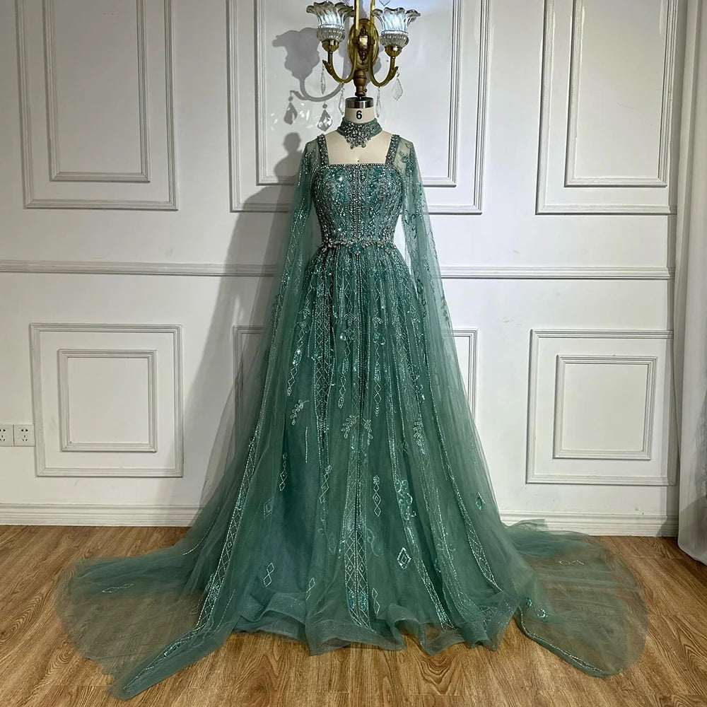 Serene Hill 2025 Arabic Nude A Line Cape Sleeve Crystal Beaded Luxury Evening Dresses Gowns Formal Occasion Customize BLA72764
