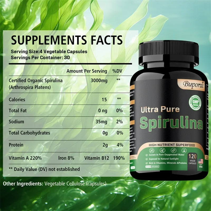 Organic Spirulina Supplement - Detoxification, Nutrition, Immune System Health, Cardiovascular Health, AntioxidantSupplements