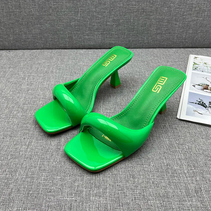 Modern Slippers 2024 Summer New Patent Leather Asymmetric High Heel Slippers Stiletto Stylish Outside Women's Sandals