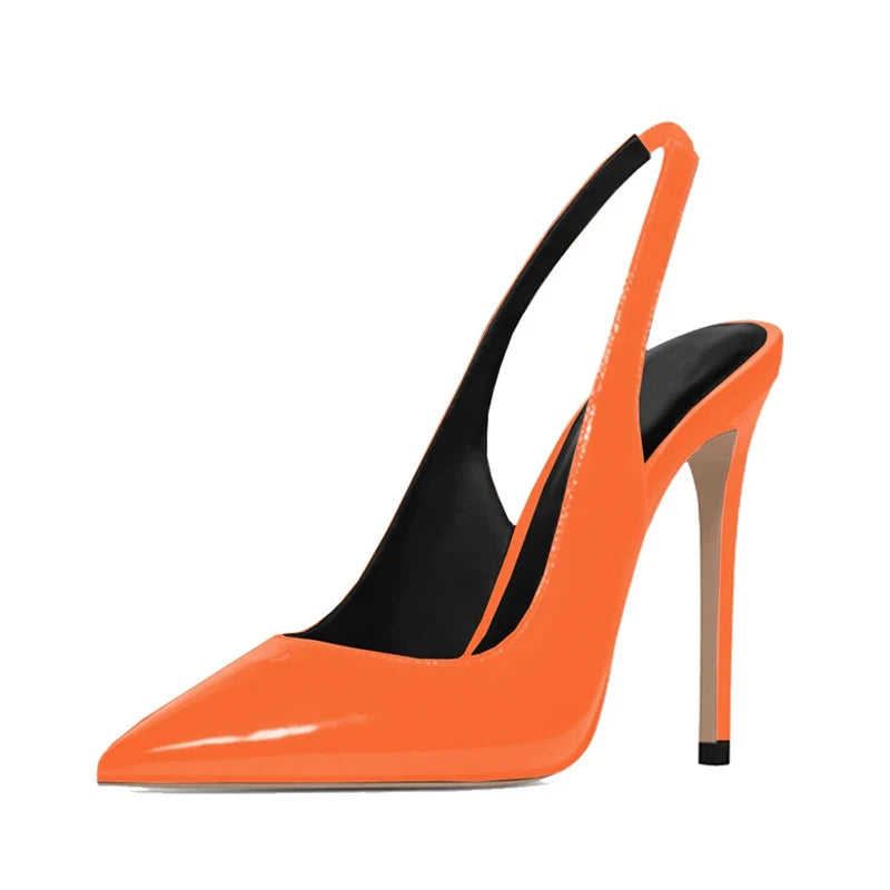 Sexy Black Patent Leather Pointy Toe Slingback Pumps 12cm Stiletto High Heels Elastic Band Woman Party Shoes Cutouts Heels QP246