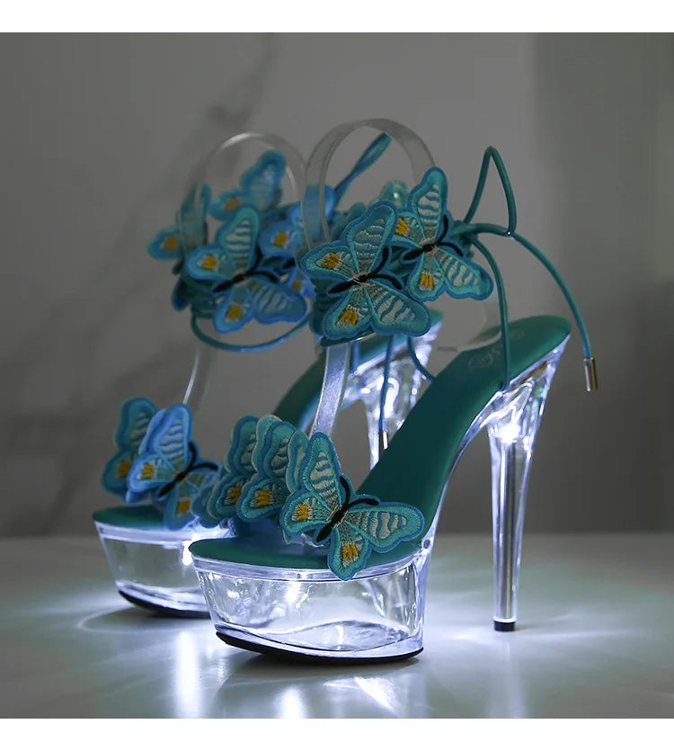 Transparent Platform LED Light Up Sandals Women Lace-up Pole Dance Shoes Summer Model Show Fashion Butterfly High Heels Size 43