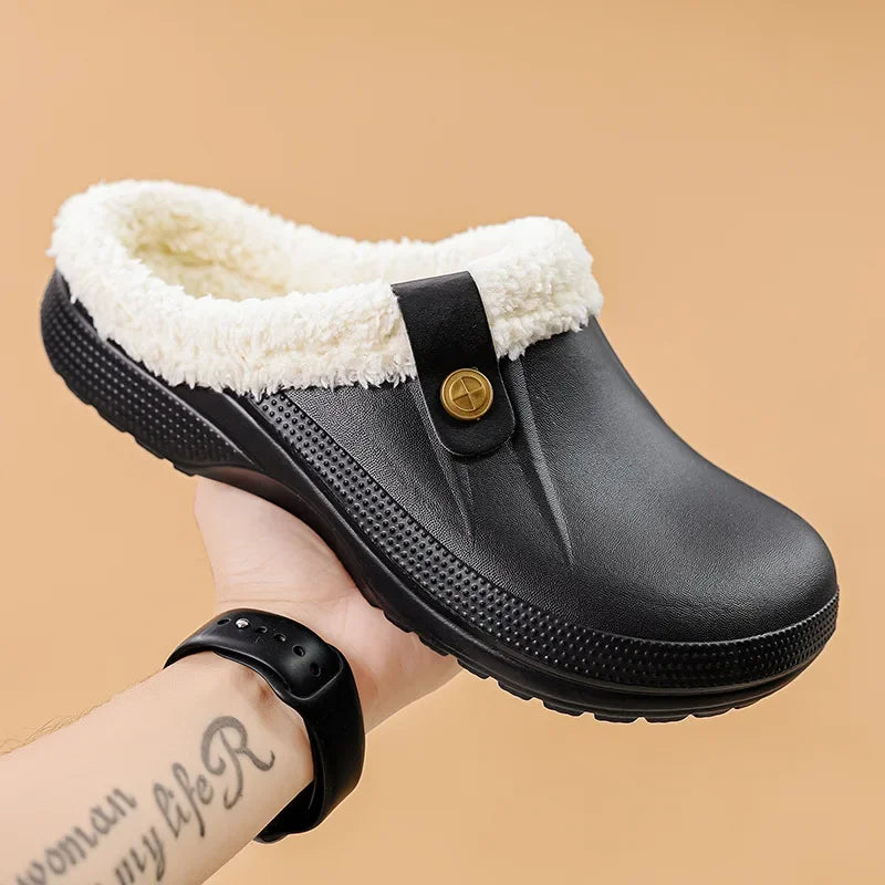 Waterproof Mule Clogs Men Slippers Winter Warm Unisex Fur Slippers House Room Slippers Trend Indoor Floor Shoes Slides For Women